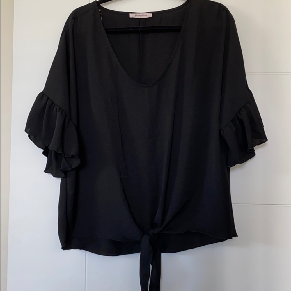 Black Ruffle Sleeve Tie Front Top
